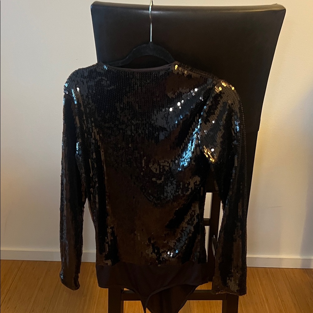 Express Shimmering Black/Brown Sequin Bodysuit - Picture 3 of 3